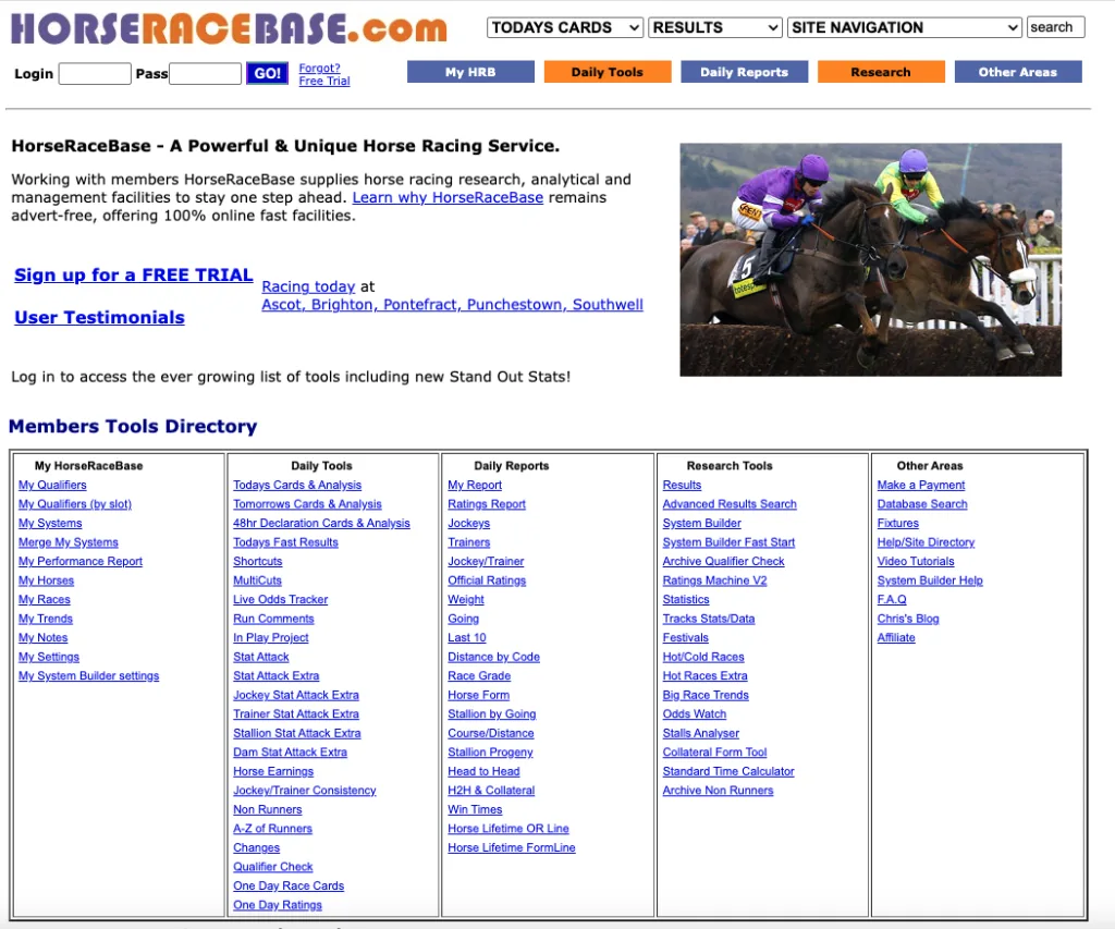 Common features available in free horse racing software applications showing basic data views.