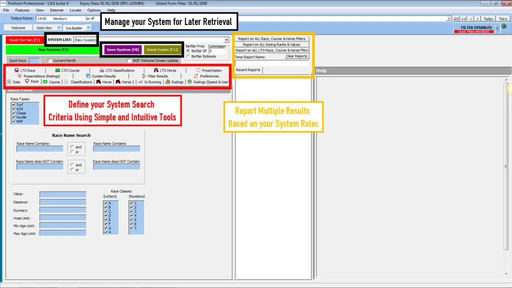 Proform Racing horse racing system builder showing advanced analytics dashboard with comprehensive data points.